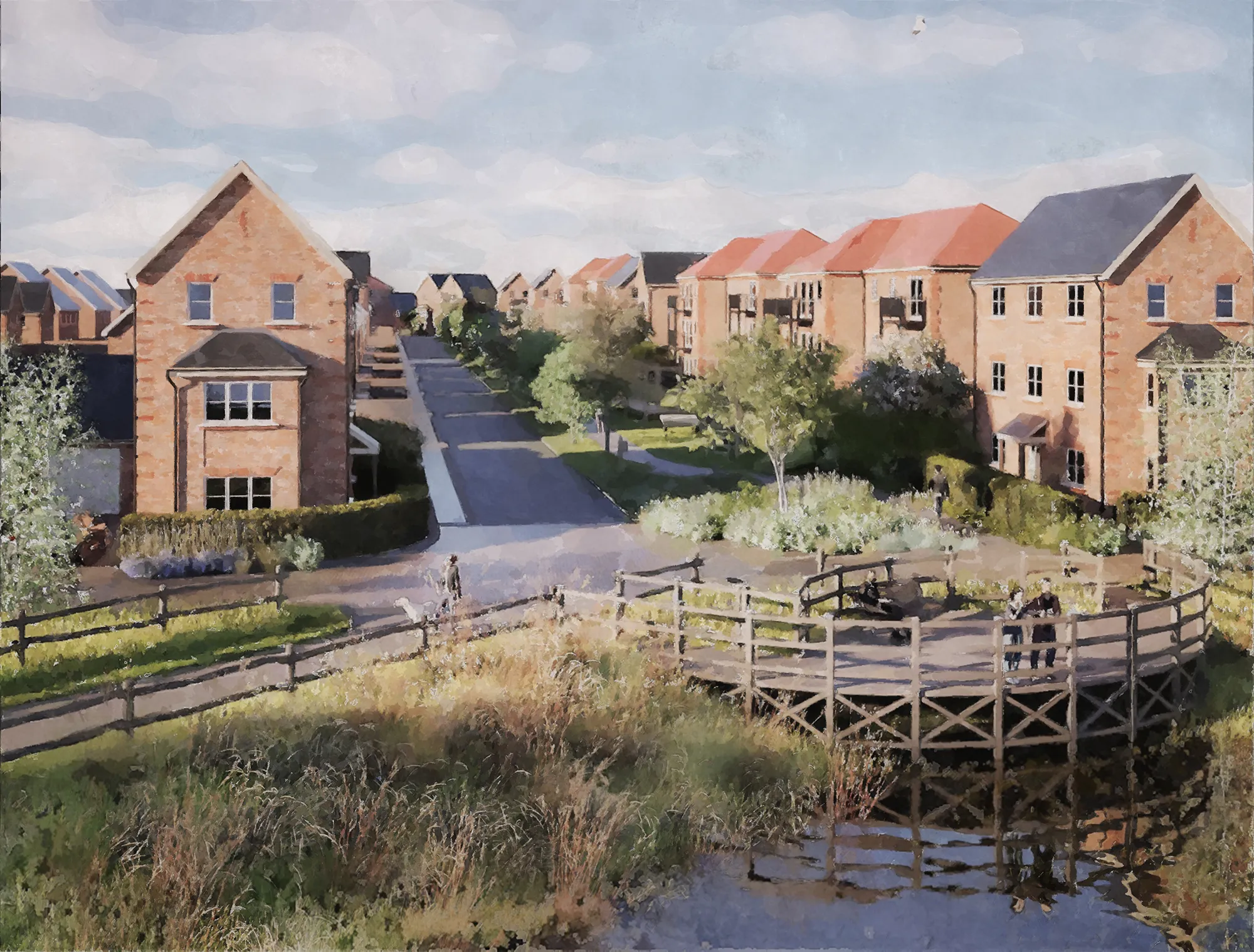 Roundwood residential development - NPA visualisation A visualisation of a proposed residential development seen behind a new drainage basin and viewing platform