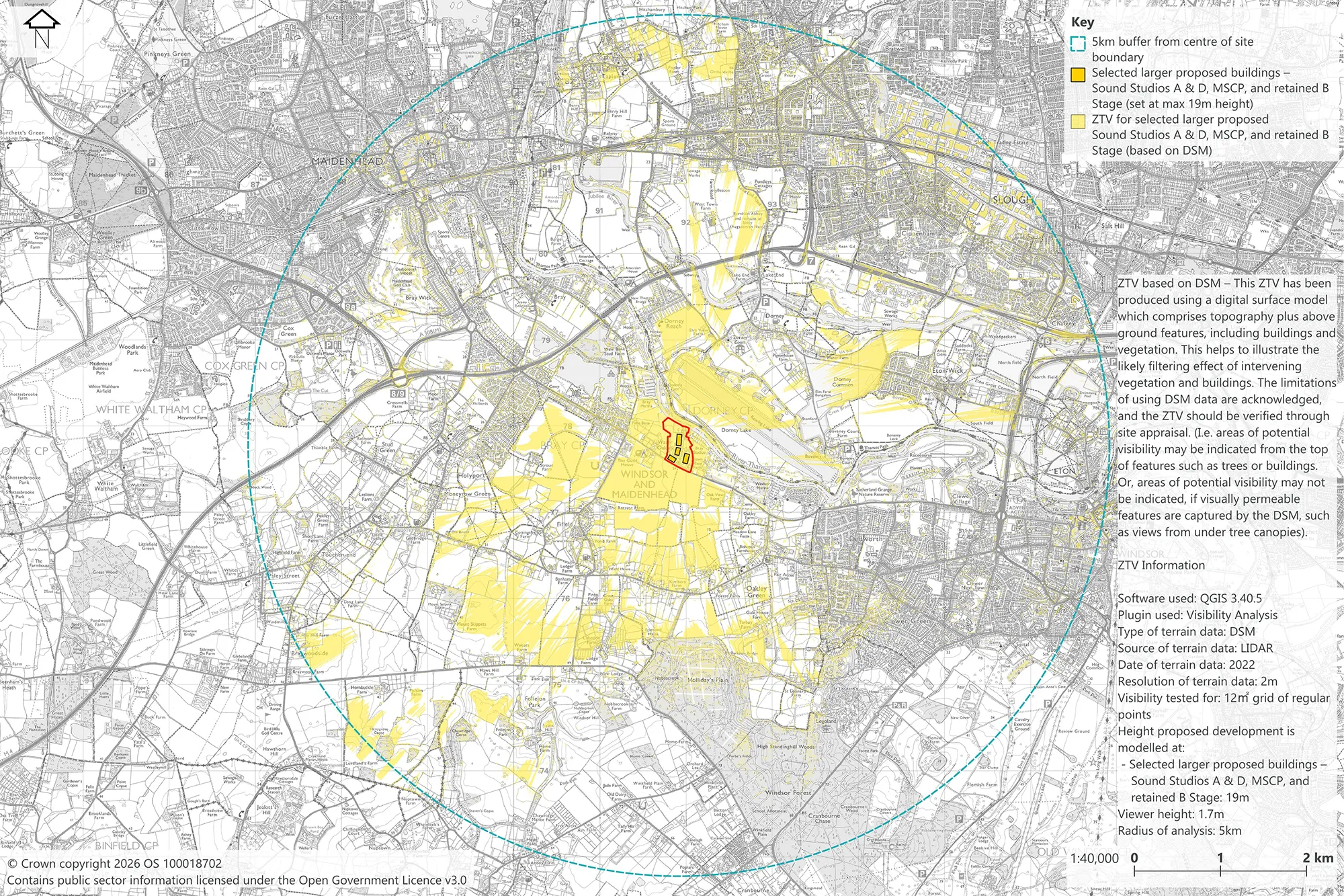 A plan map highilghting in yellow locations were proposed buildings could potentially be seen from.