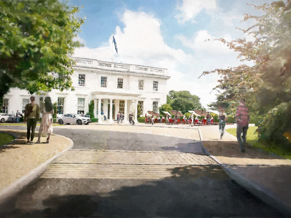 Concept visual illustrating potential landscape improvements within the Greenlands Campus riverside setting