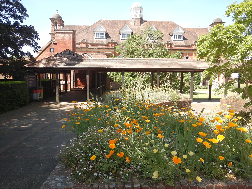 Photograph showing landscaped courtyard and campus buildings at London Road Campus, University of Reading
