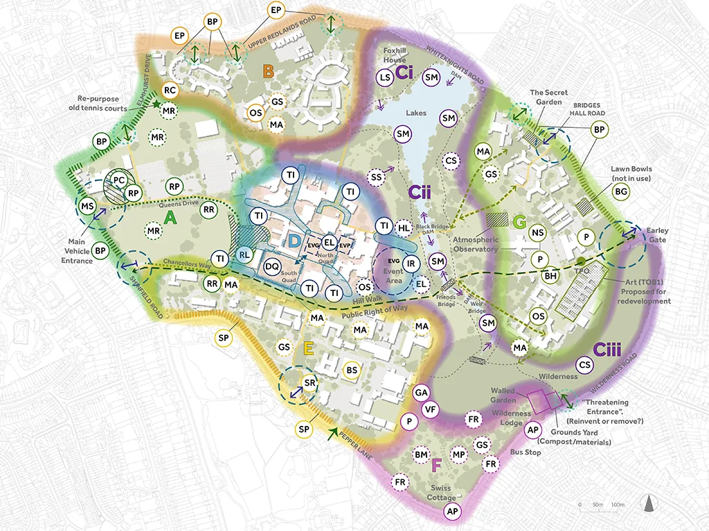 Strategic landscape interventions plan identifying opportunities for movement, arrival, green infrastructure and campus enhancements at Whiteknights Campus