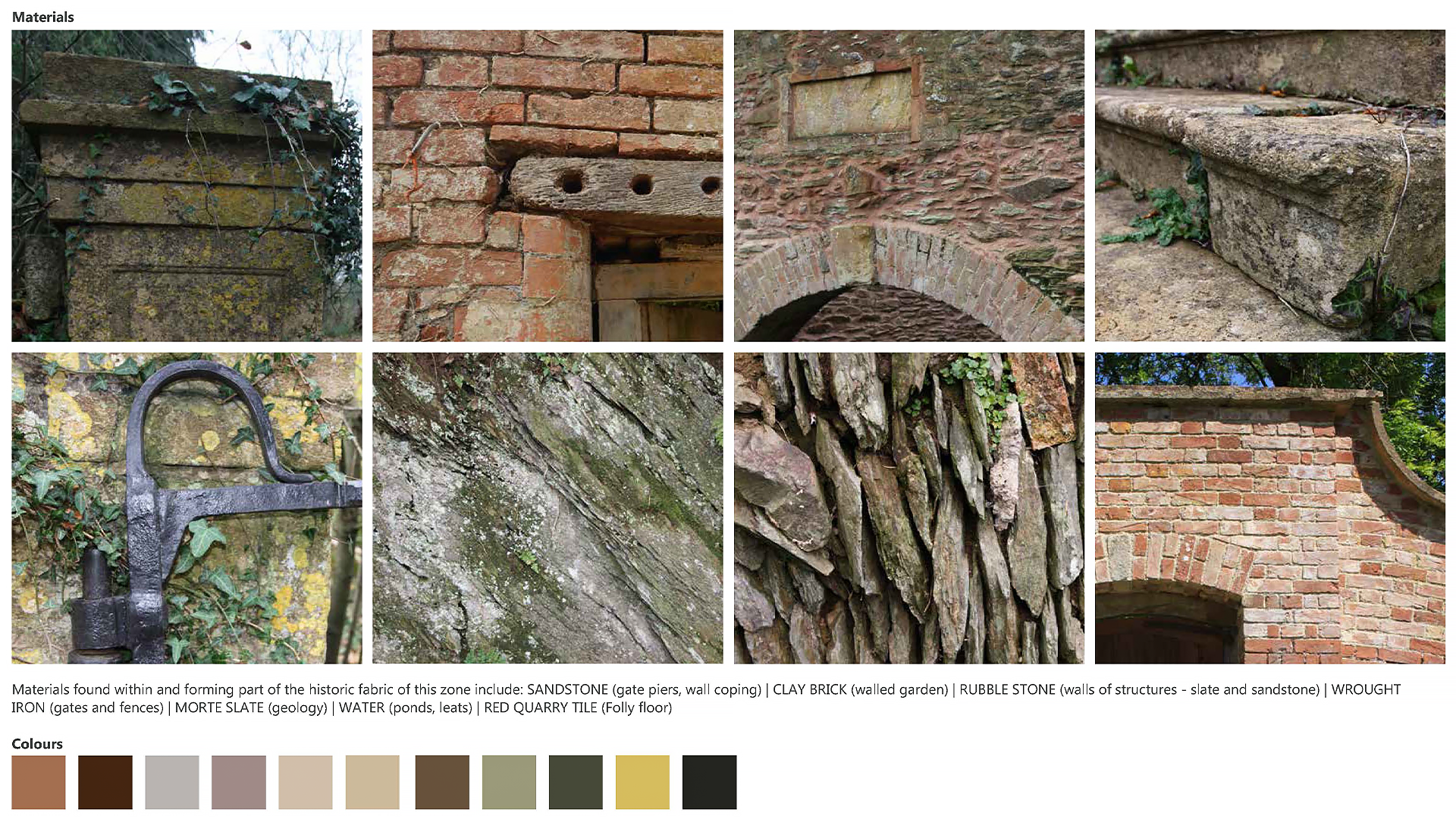 Materials palette showing stone, brick, slate, metalwork and colour references for Fyne Court estate