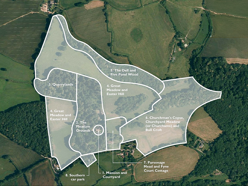 Aerial plan showing the landscape character areas identified across the Fyne Court estate