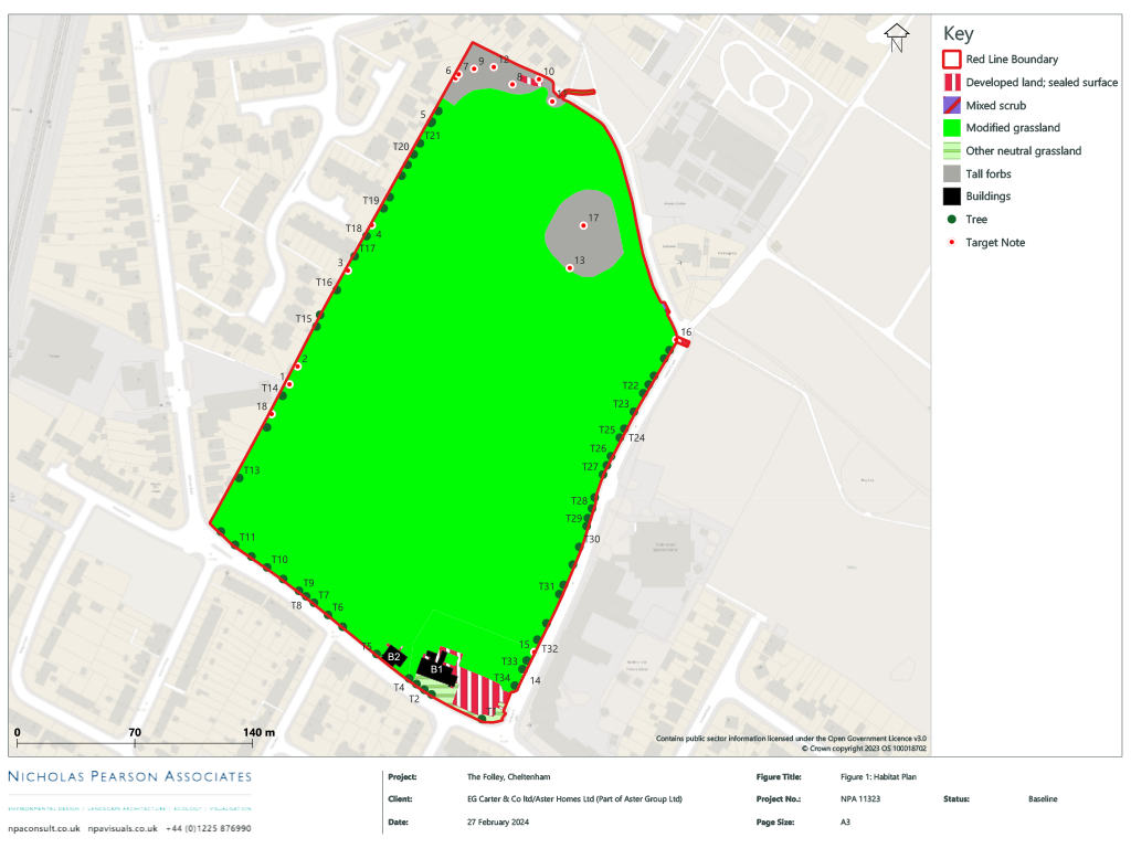 Baseline habitat plan showing modified grassland, boundary vegetation and other habitats recorded during ecological surveys at The Folley, Cheltenham.