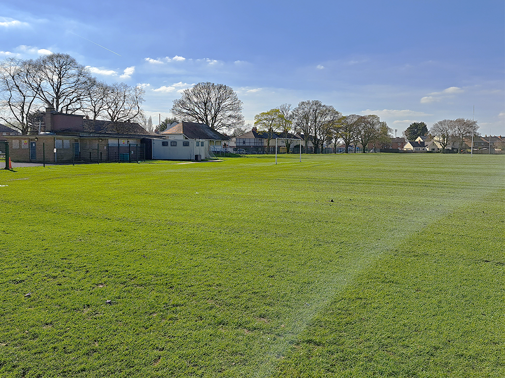 The Folley Existing Site and Boundary Habitats Former sports pitch at The Folley site showing open grassland, mature boundary trees and surrounding residential development.